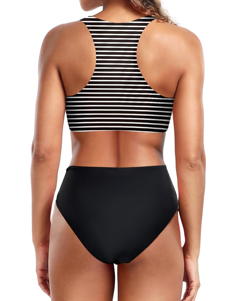 Holipick Black Striped Women High Waisted Two Piece Bikini Set Racerback Bathing Suit Sporty Crop Top with Bottom for Teen Girls S - Image 2